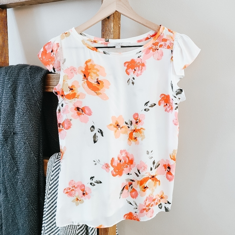 LOFT Pink and White Ruffled Blouse